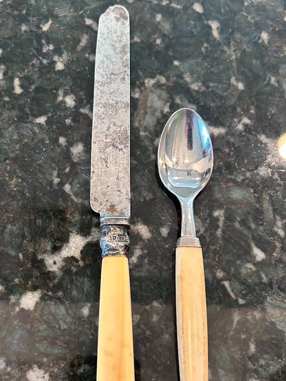 Vintage Mixed Lot:  Celluloid Fixed Blade Knife & Silver-Plated Spoon Circa 1900